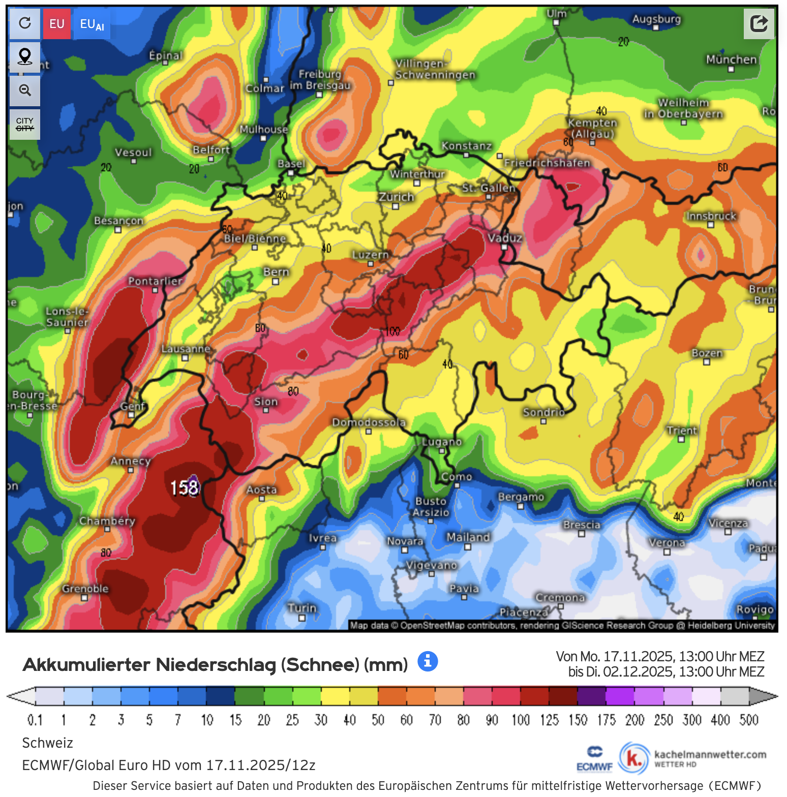 Akkumulierter Schneefall bis 2. Dezember 2025 – Schweiz