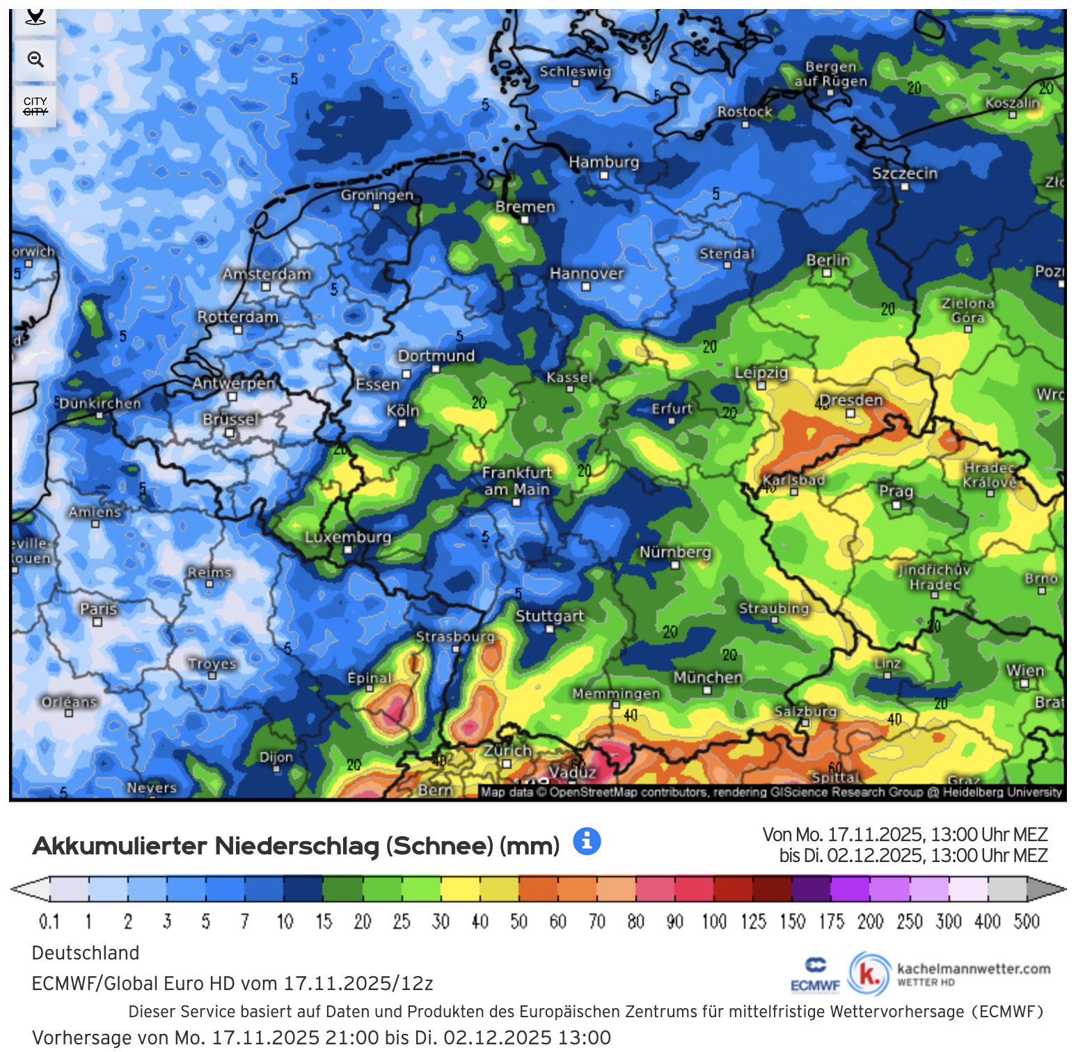 Akkumulierter Schneefall bis 2. Dezember 2025 – Deutschland