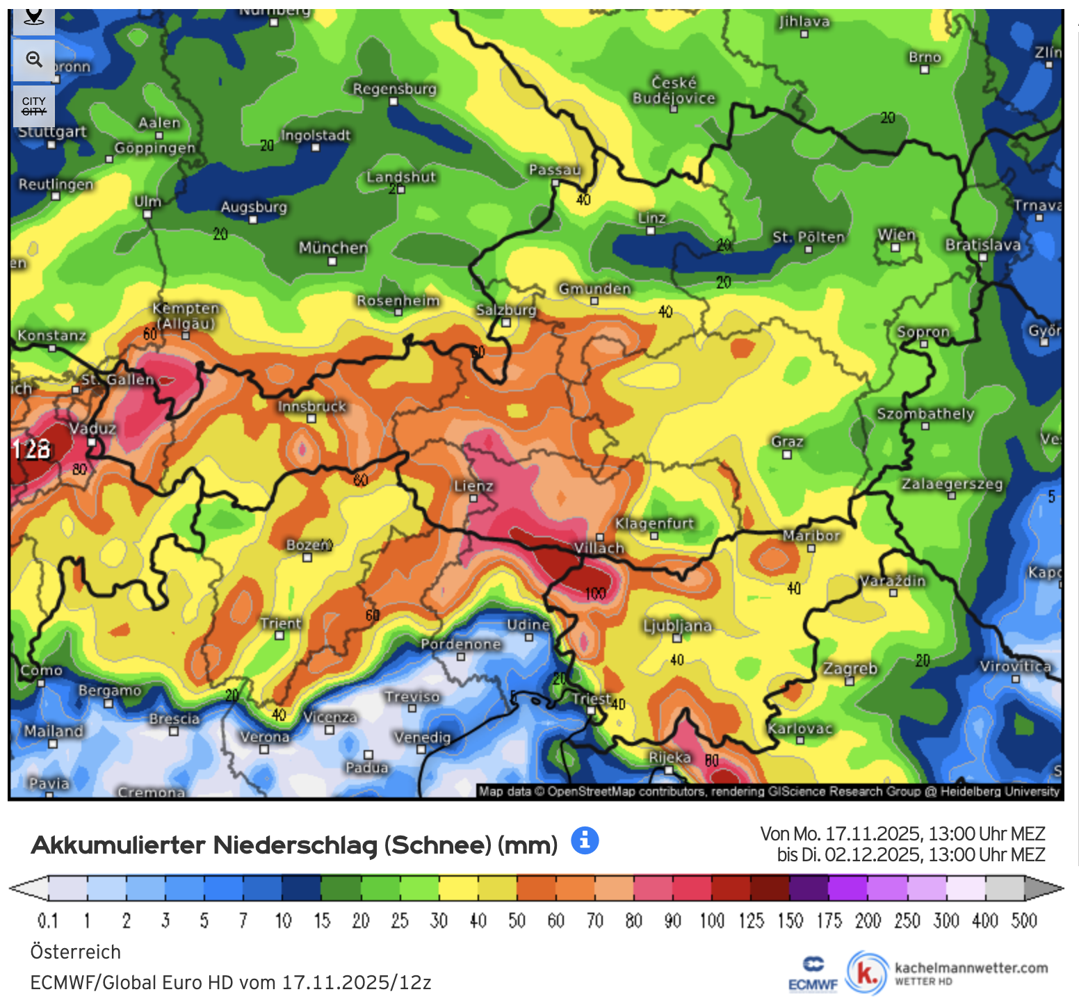 Akkumulierter Schneefall bis 2. Dezember 2025 – Österreich