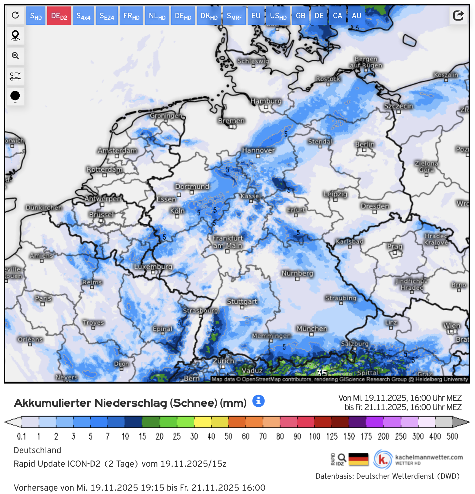 ICON-D2 Rapid Update Deutschland: Schneesignale in den Mittelgebirgen bis Freitag