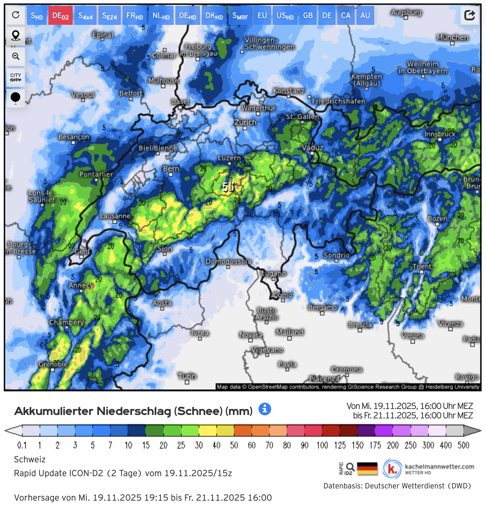 ICON-D2 Rapid Update Schweiz: Prognose der Schneemengen bis Freitag, 21.11.2025
