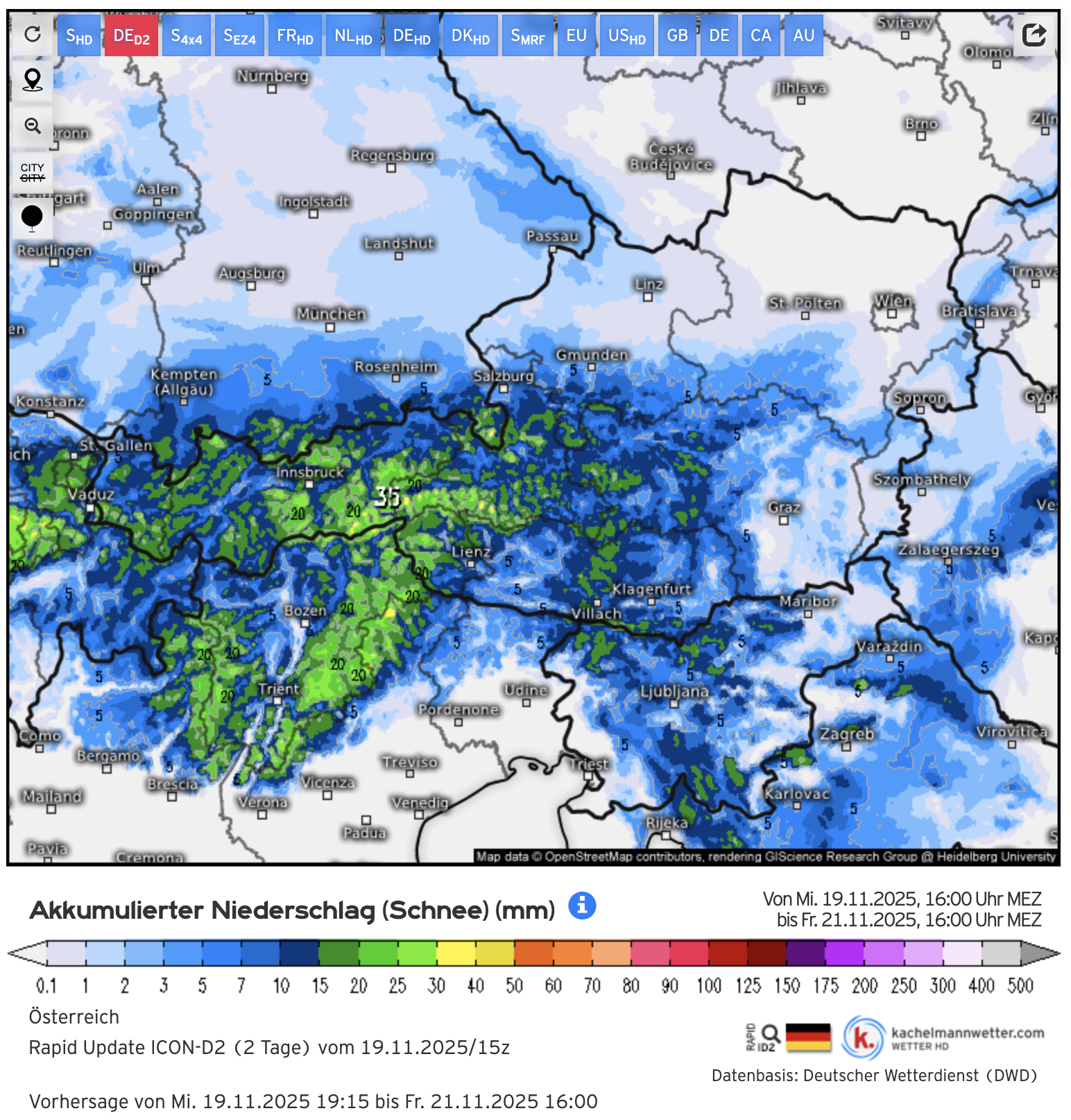 ICON-D2 Rapid Update Schneekarte Österreich: Schneeprognose bis Freitag, 21.11.2025