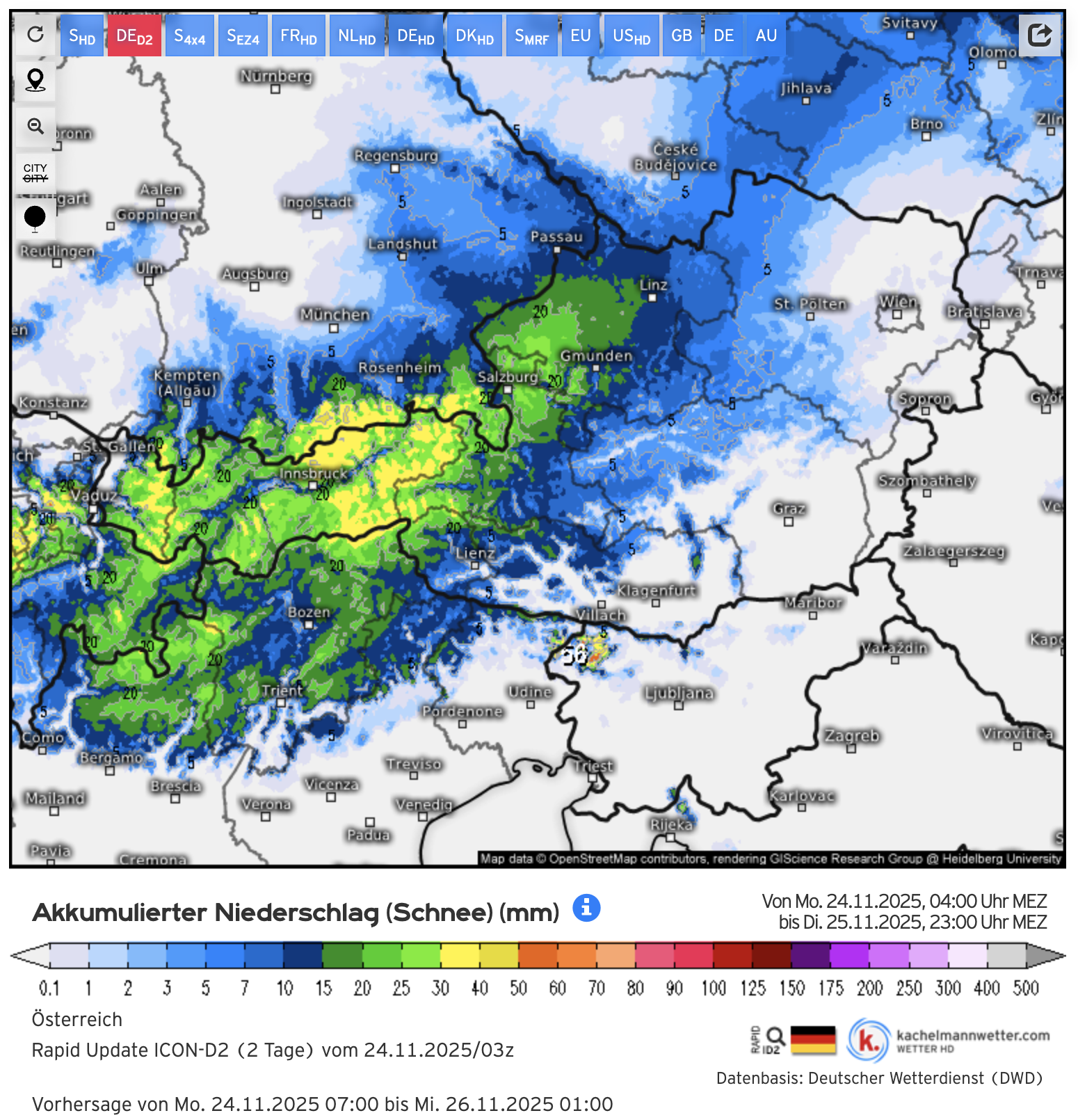 Schneeprognose Österreich bis Dienstagabend