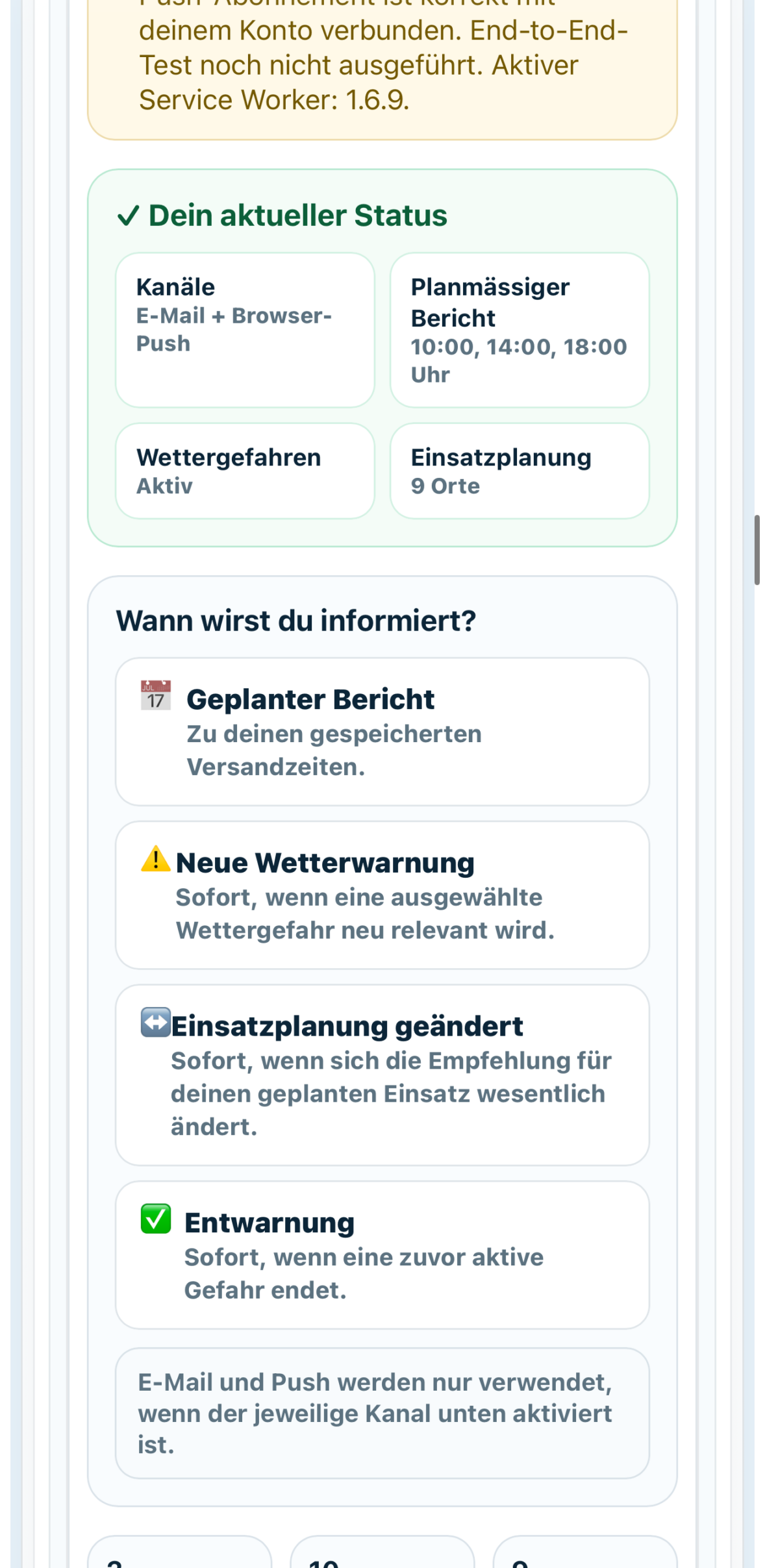 Alpha Weather informiert über Wetterwarnungen, Änderungen der Einsatzplanung und Entwarnungen