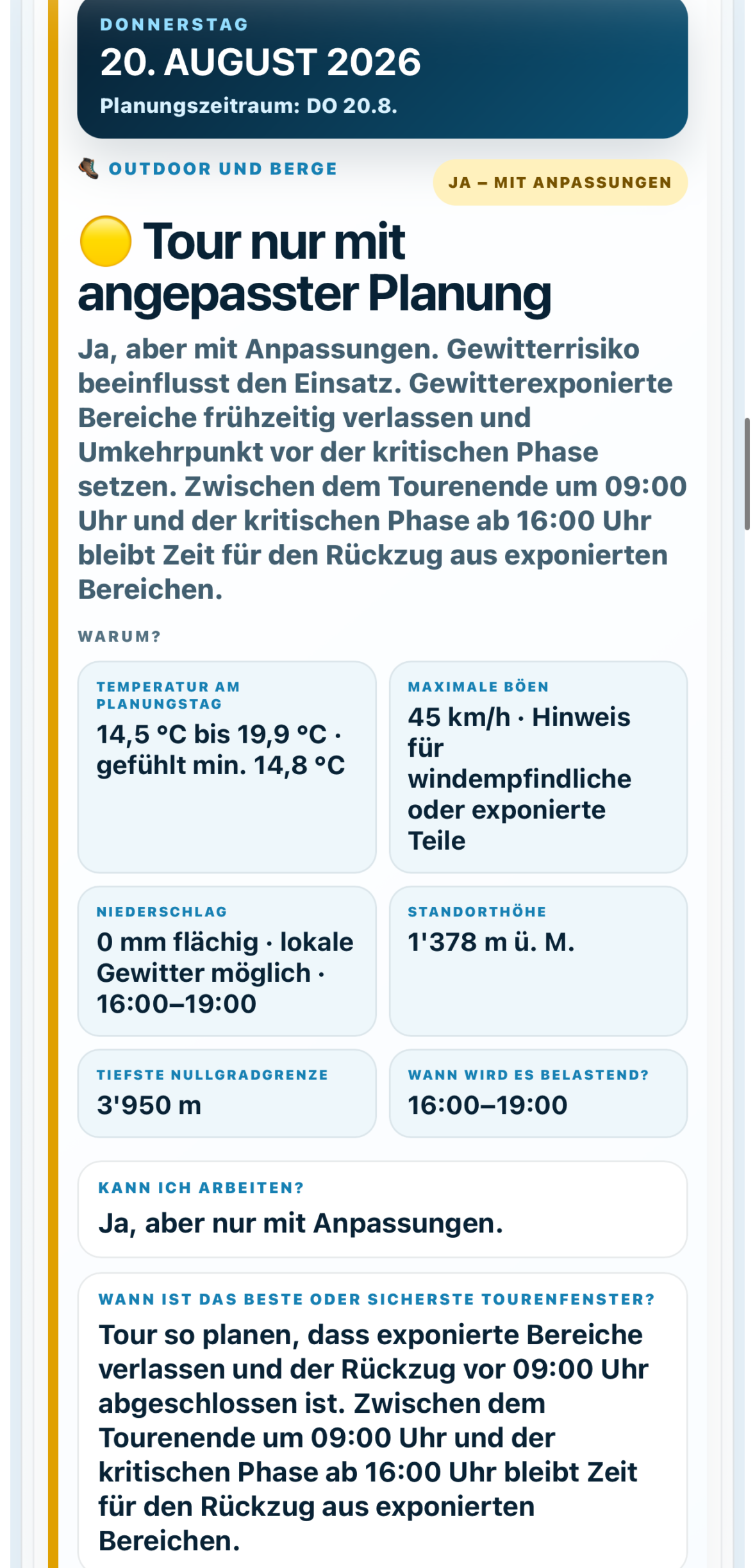 Alpha Weather mit konkreter Einsatzentscheidung für Outdoor und Berge