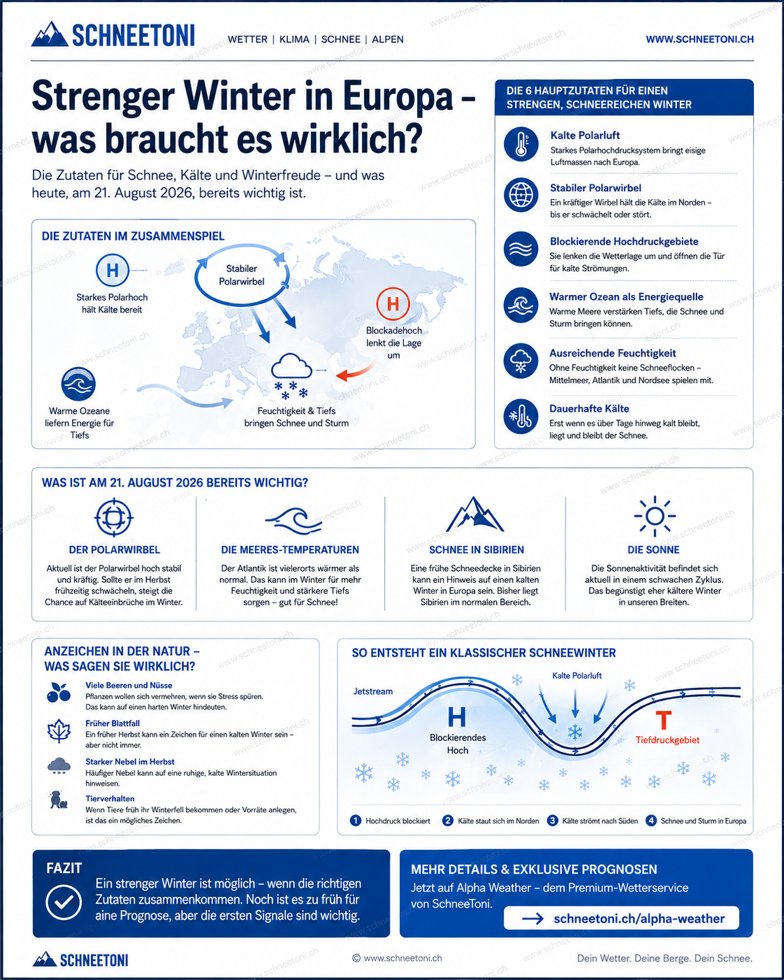 Infografik zu den wichtigsten Voraussetzungen für einen strengen und schneereichen Winter in Europa