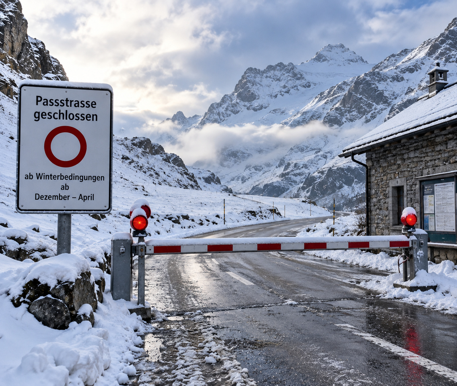 Verschneite Schweizer Alpenpassstrasse mit geschlossener Schranke bei winterlichen Bedingungen