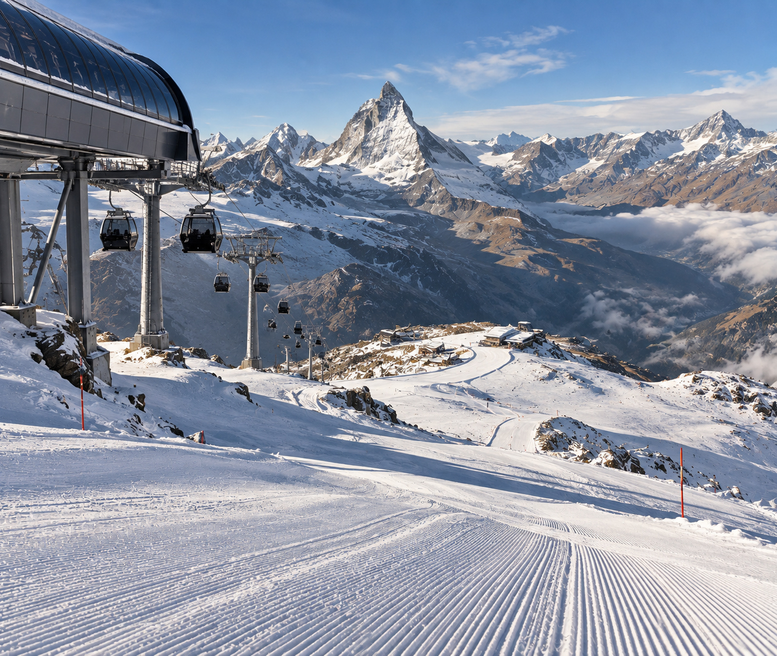 Früh geöffnete hochalpine Gletscherpiste mit Gondelbahn und schneebedeckten Gipfeln