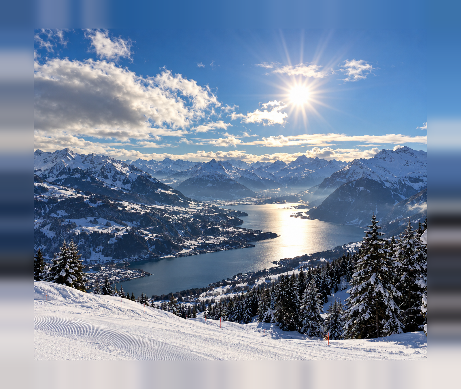 Grosses verschneites Skigebiet in den Alpen mit präparierten Pisten