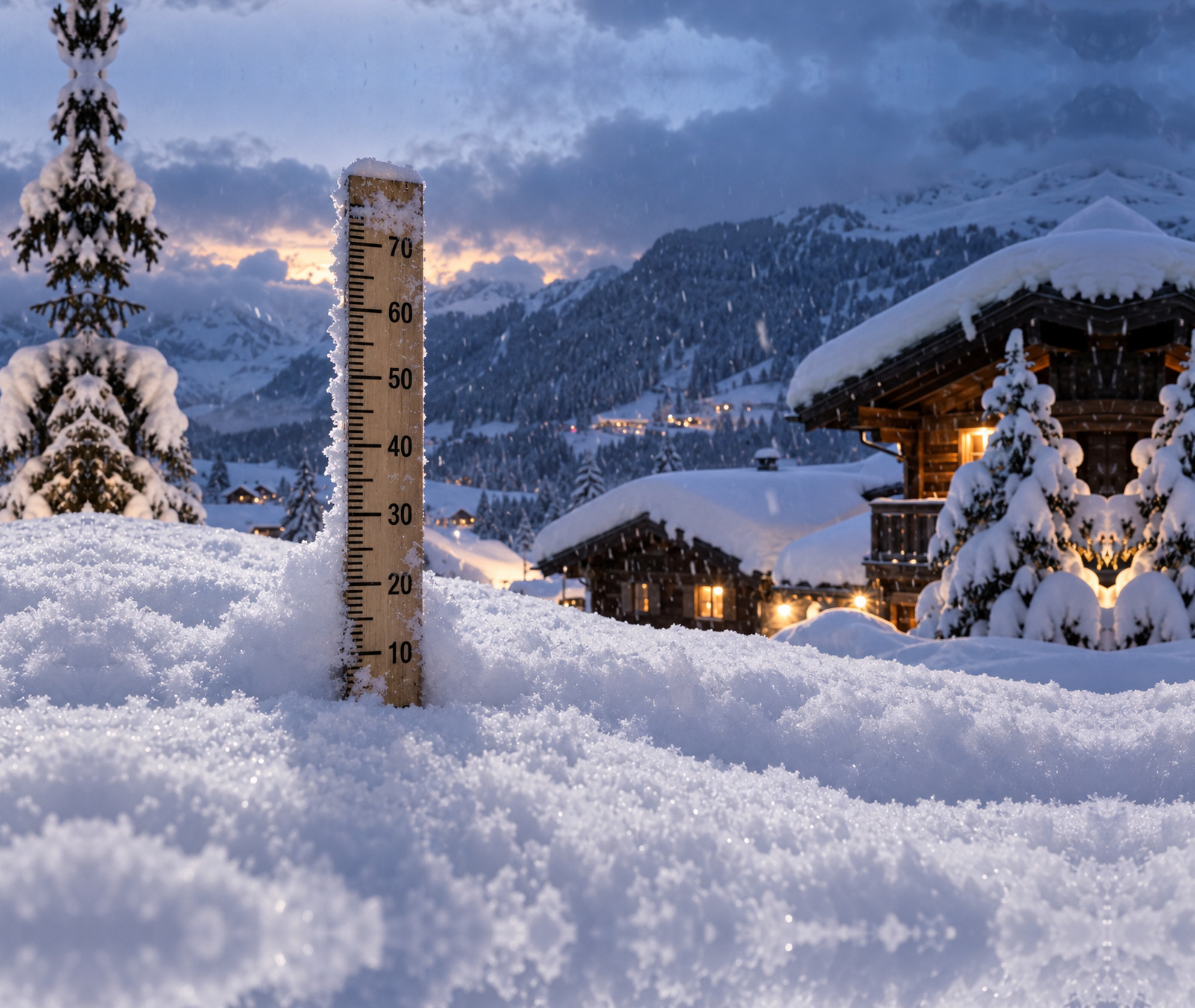 Messstab im frischen Schnee zur Bestimmung der Neuschneehöhe