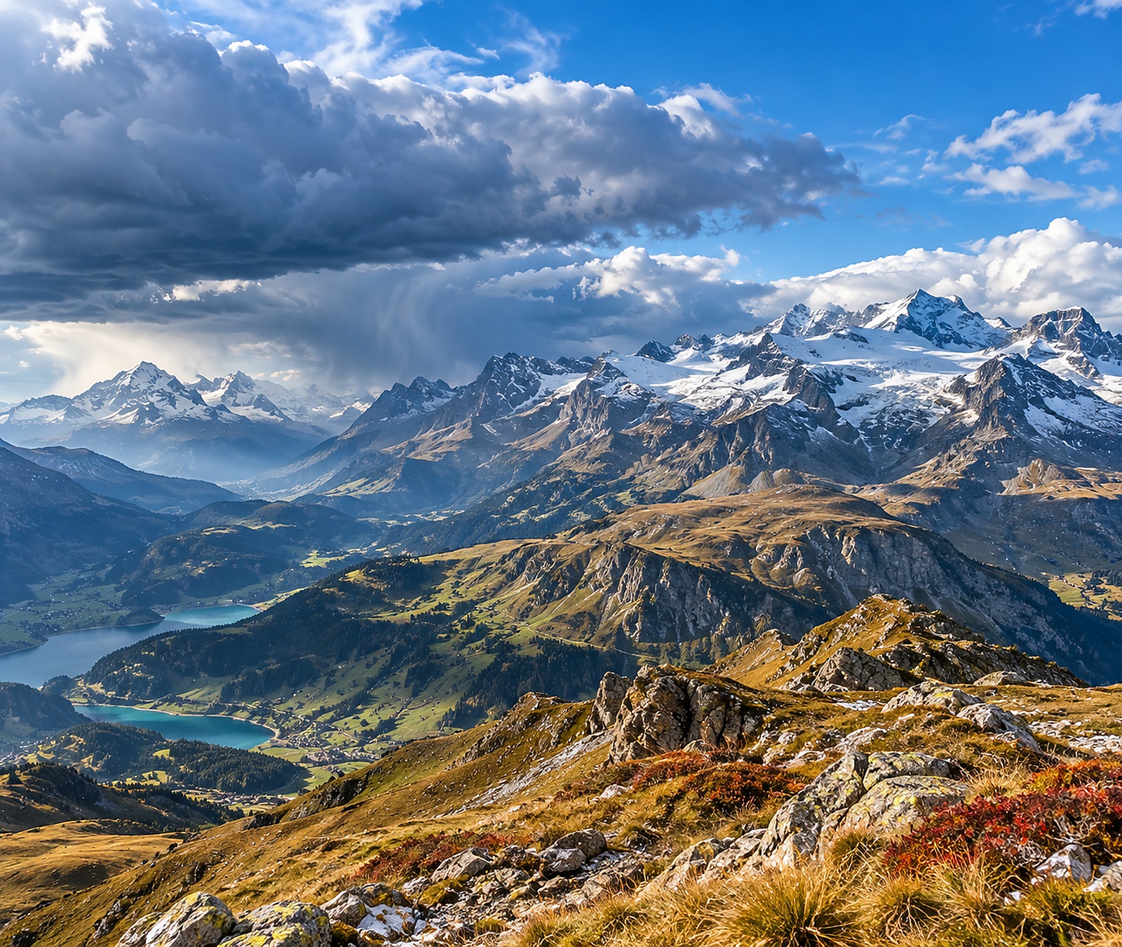 Herbstliche Hochalpen mit schneebedeckten Gipfeln und aufziehenden Wolken als Symbolbild für den 16-Tage-Schneetrend.