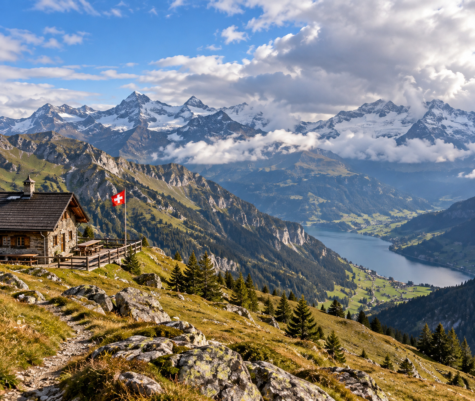 Spätsommerliche Schweizer Alpenlandschaft mit schneefreien Hängen und Schnee nur auf den höchsten Gipfeln