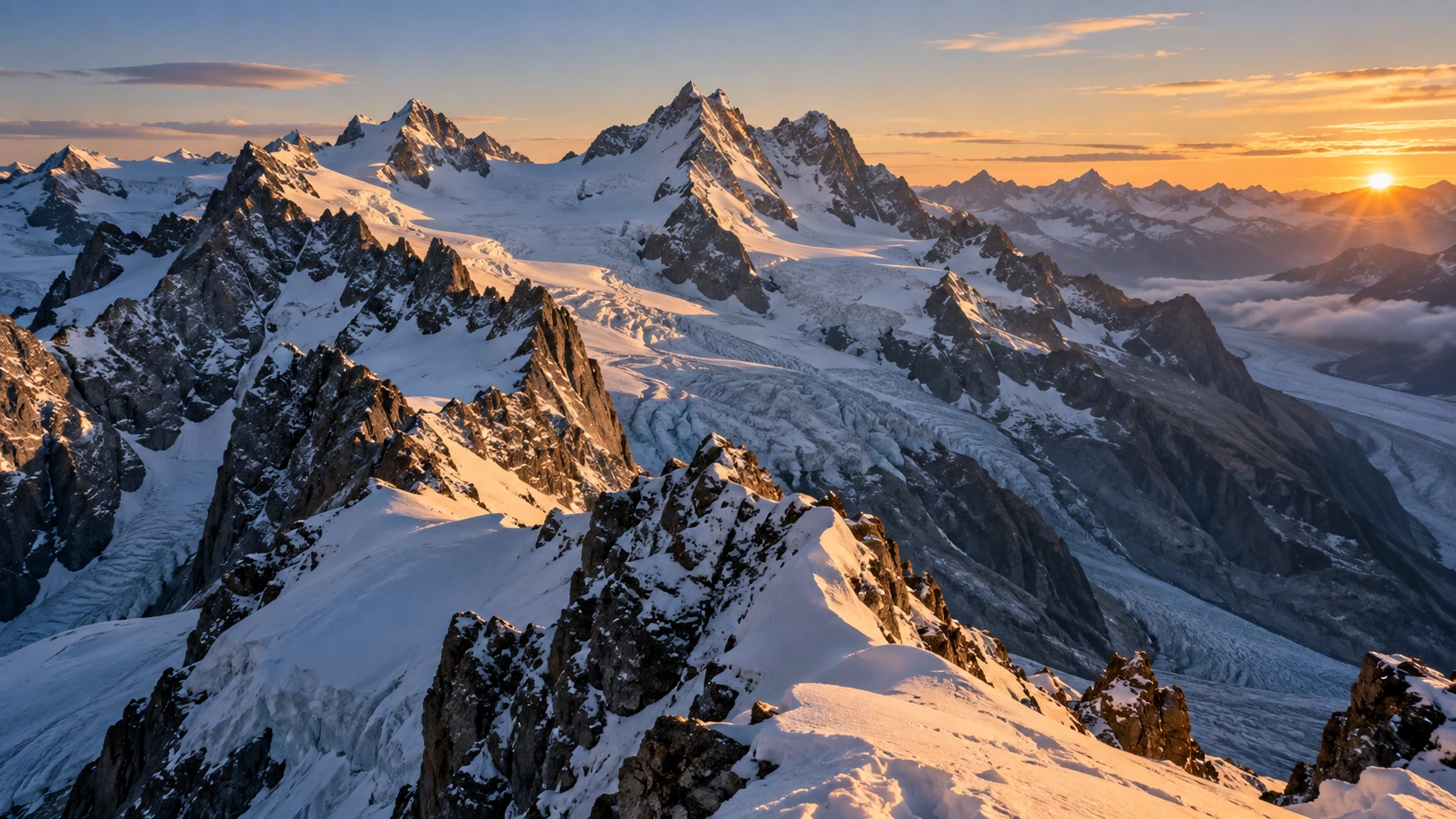 Vergletscherte Hochalpen mit schneebedeckten Gipfeln im warmen Abendlicht.
