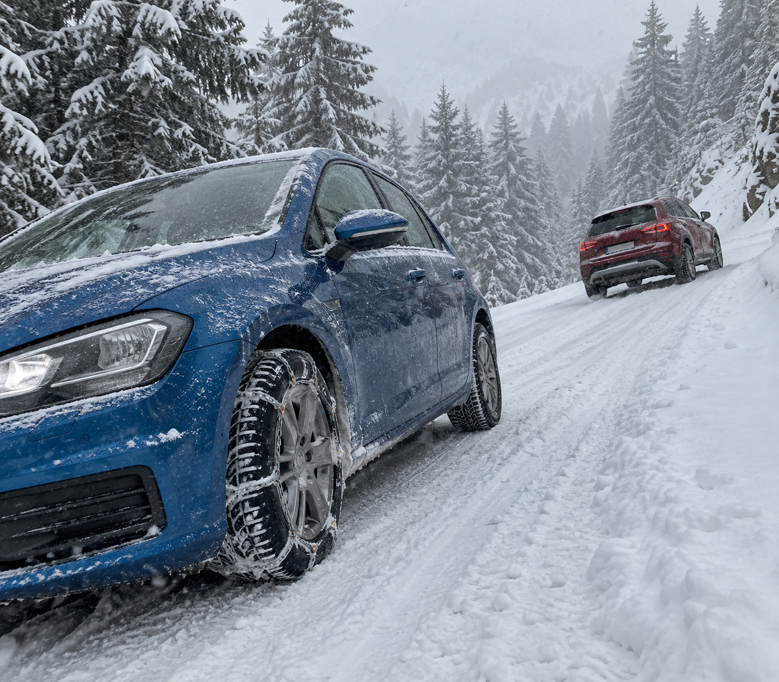 KI-Symbolbild: zwei kompakte Autos auf einer verschneiten Alpenstrasse, am vorderen blauen Fahrzeug sind Schneeketten an den Vorderrädern sichtbar.