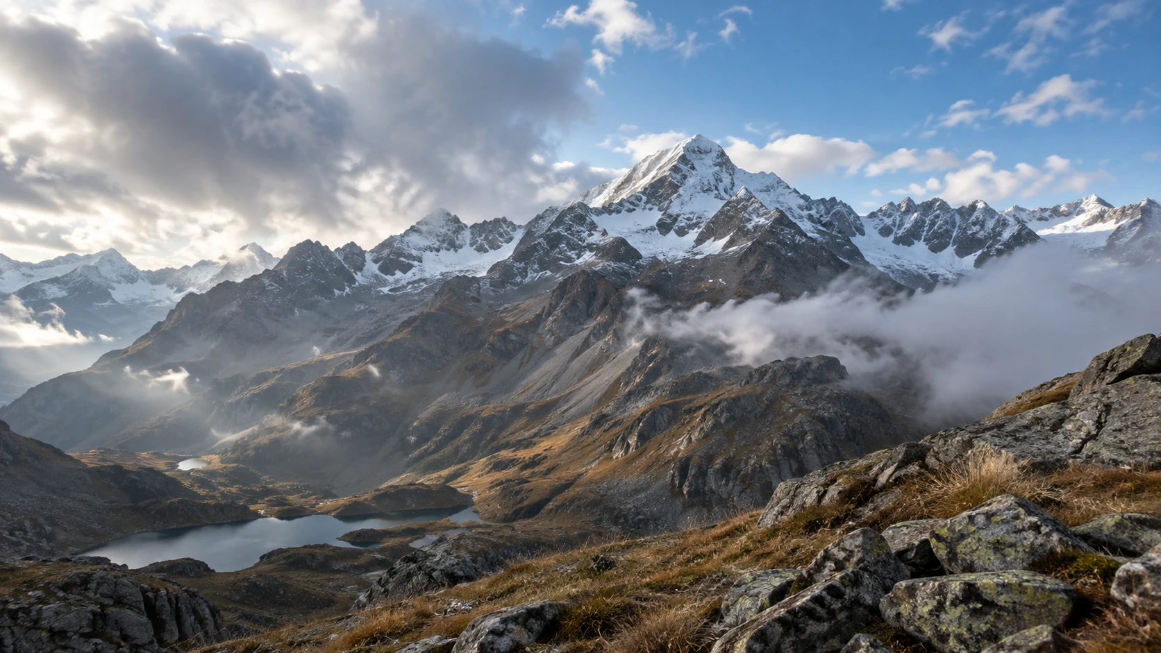 Hochalpine Landschaft mit felsigen Gipfeln und nur wenig Schnee in den höchsten Lagen.
