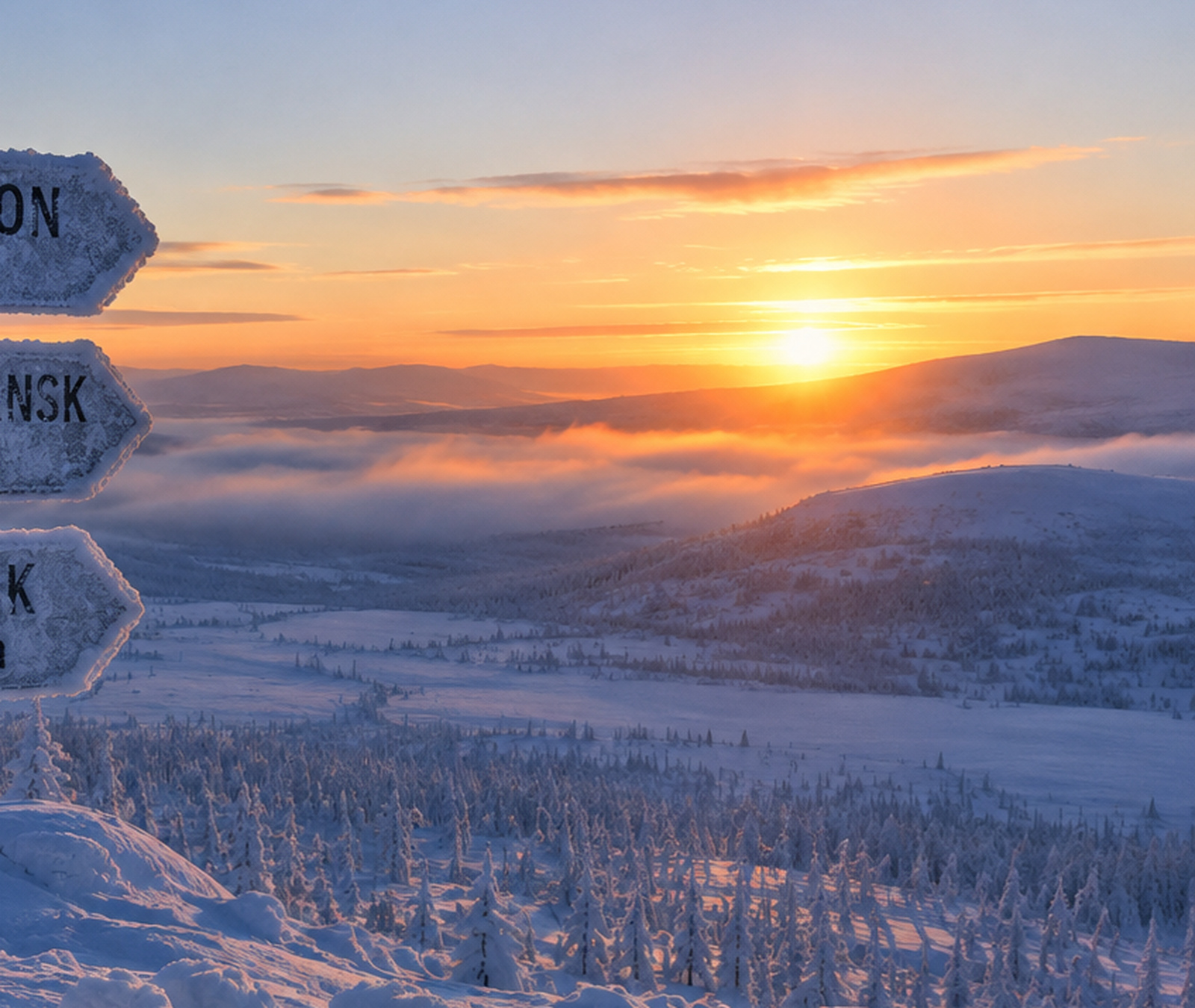 Extrem kalte verschneite Landschaft in Ostsibirien bei tief stehender Wintersonne
