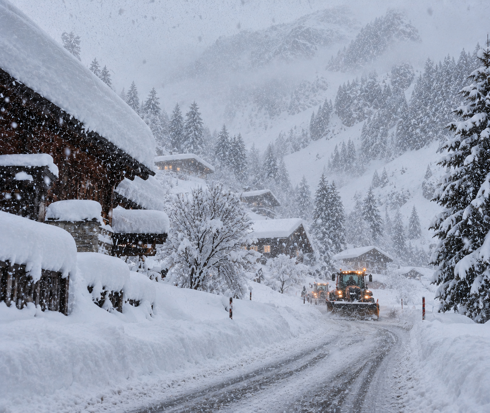 Extremer Starkschneefall in einem hochalpinen Dorf mit Schneepflügen, tief verschneiten Chalets und schlechter Sicht