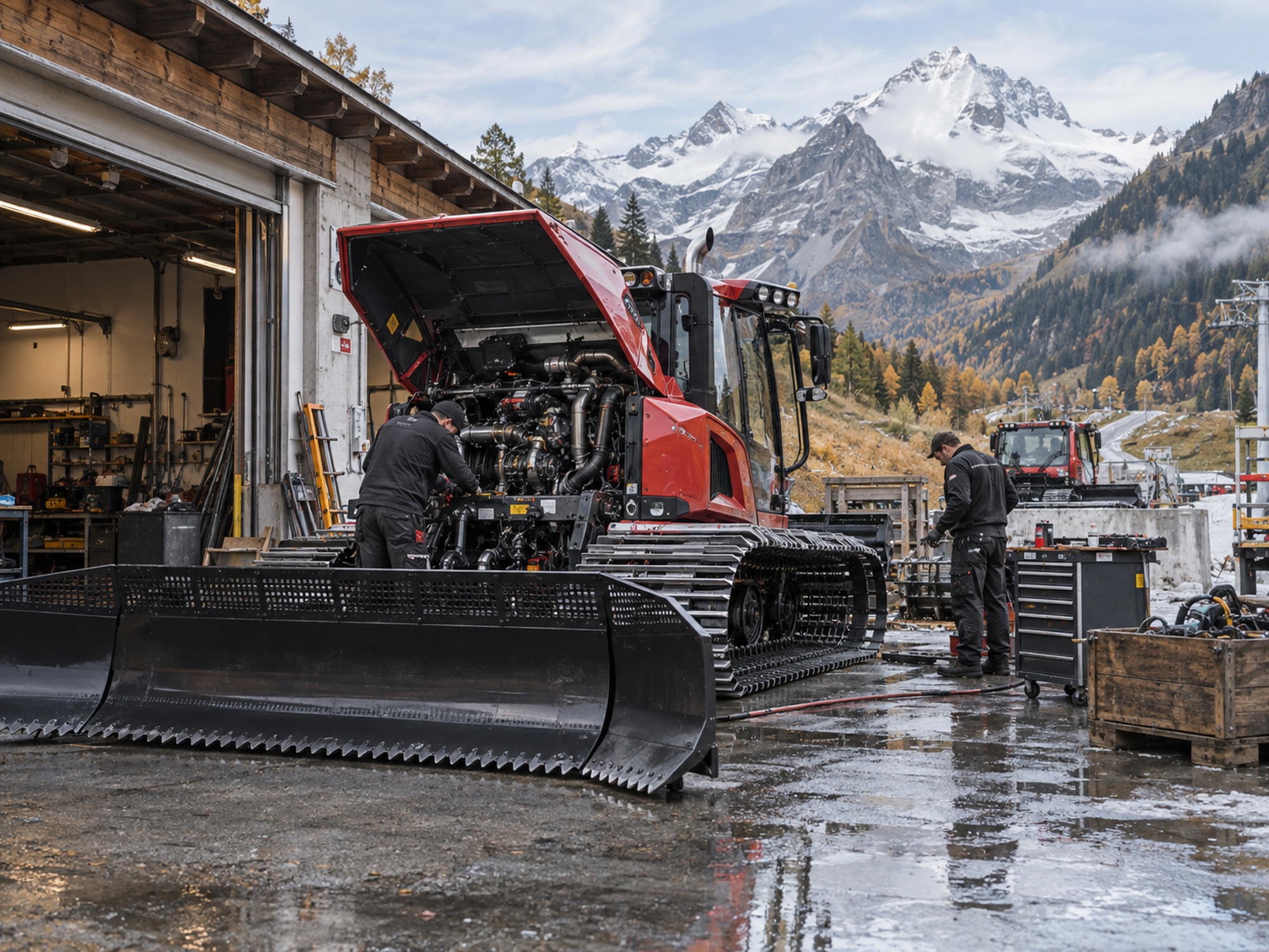 Mechaniker bereiten in einer alpinen Werkstatt Pistenfahrzeuge für die Wintersaison vor
