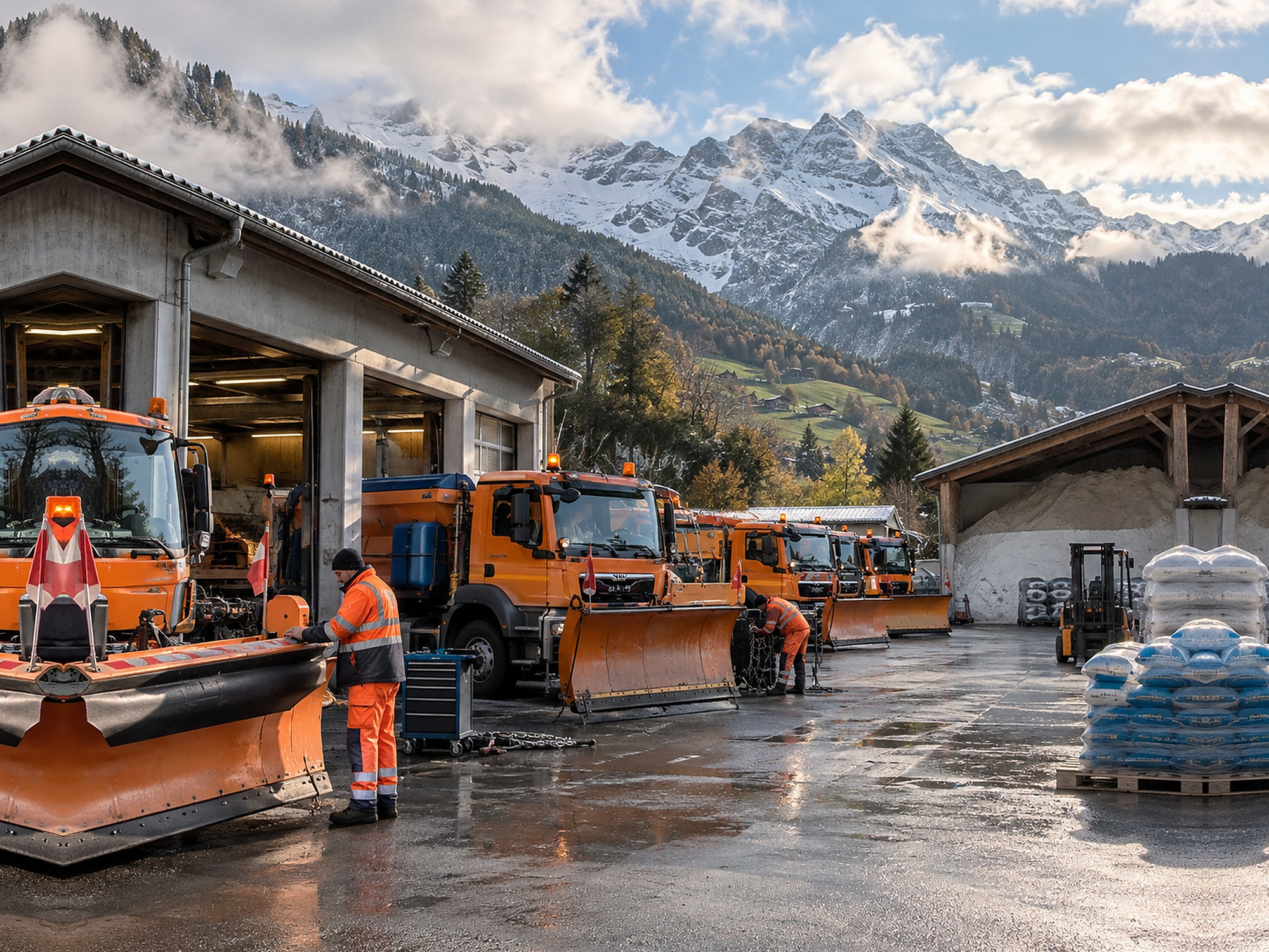 Winterdienst bereitet Schneepflüge und Schneefräsen in einem Schweizer Bergwerkhof auf die Saison vor