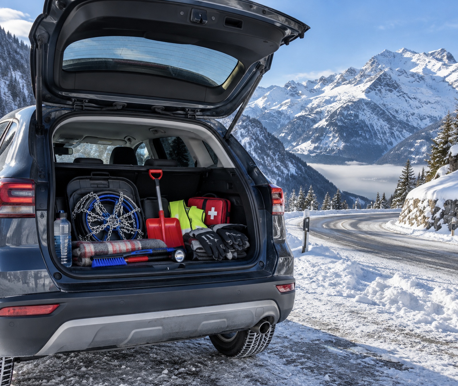 Auto mit Schneeketten, Schaufel, Handschuhen und Notfallausrüstung auf verschneiter Bergstrasse