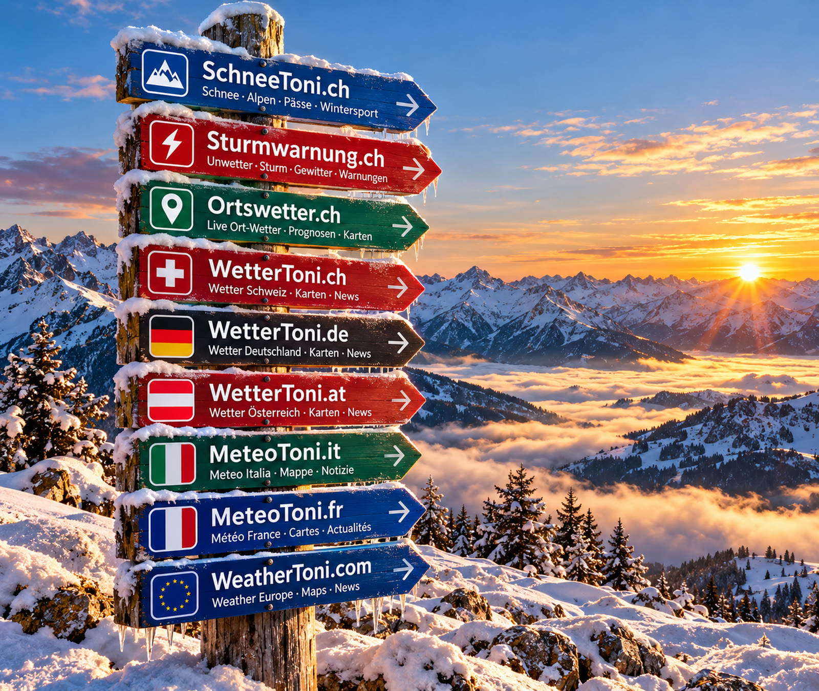 Verschneiter Wegweiser in den Alpen mit SchneeToni.ch, Sturmwarnung.ch, Ortswetter.ch, WetterToni.ch, WetterToni.de, WetterToni.at, MeteoToni.it, MeteoToni.fr und WeatherToni.com.