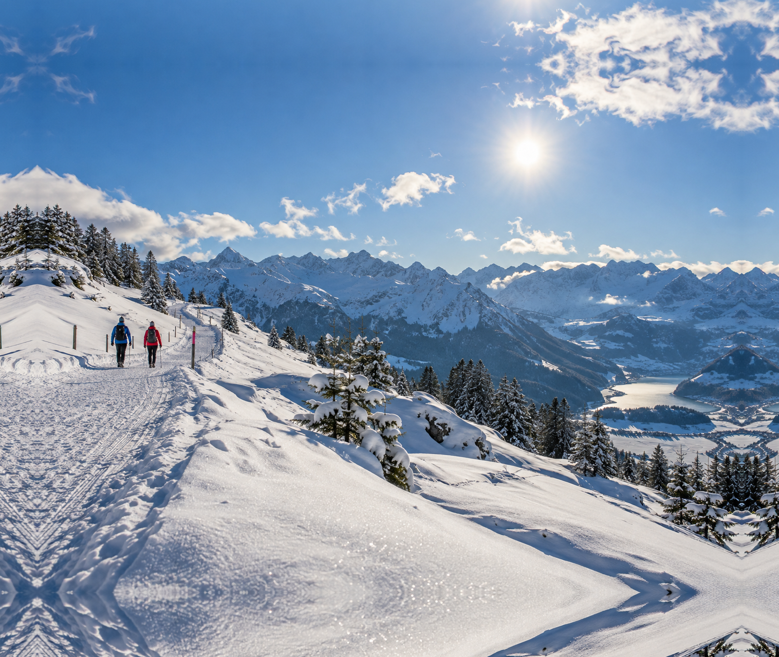 Sonniger Winterwanderweg im verschneiten Gebirge mit zwei Spaziergängern in der Ferne, Symbolbild