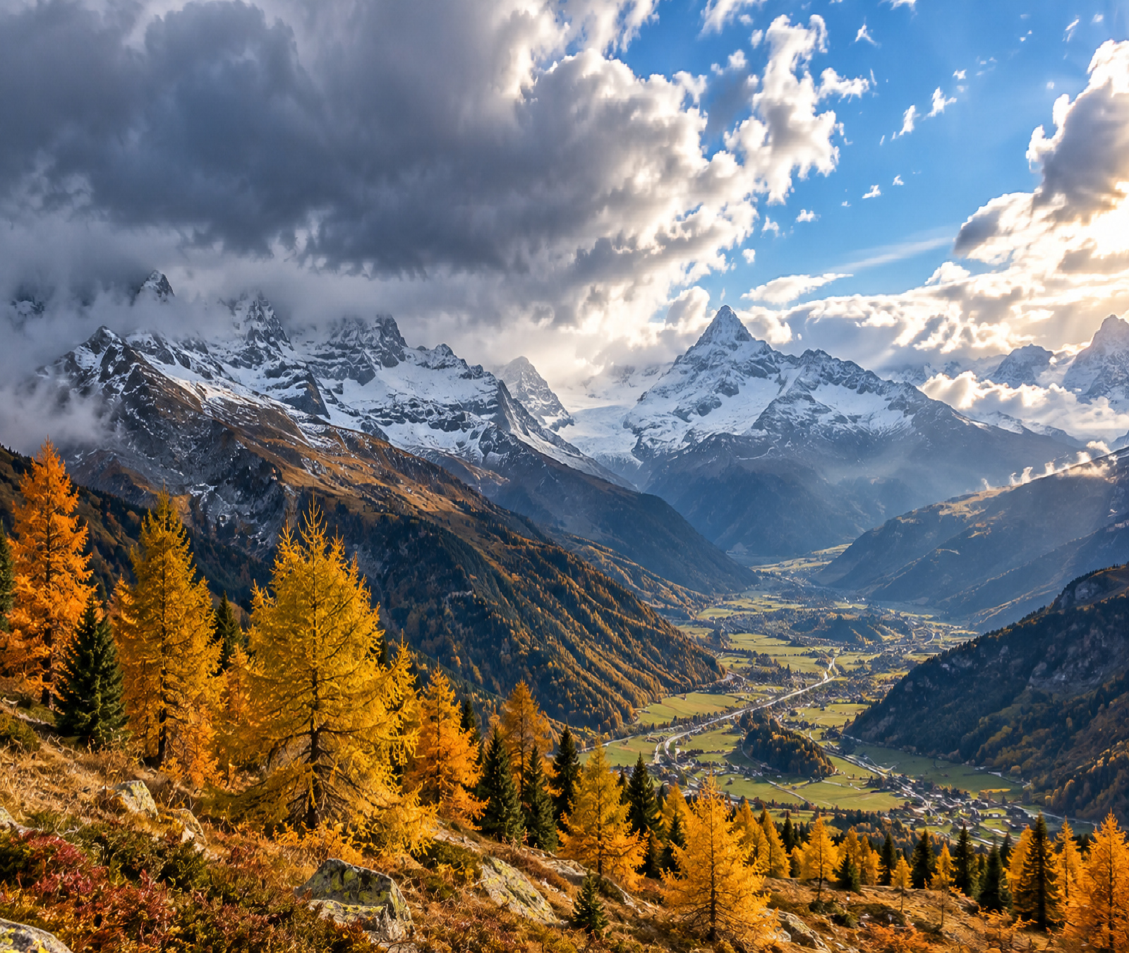 Symbolbild der Alpen im Herbst mit goldenen Lärchen im Tal und frisch verschneiten Hochgipfeln als Übergang zum Winter.